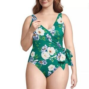 NEW Lands End 20W 20 Side Tie One Piece Swimsuit Island Emerald Petunia Floral